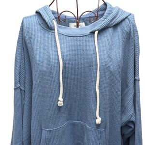 Aerie Oversized Waffle Knit Hoodie Dusty Blue Coastal  Pullover Medium Cozy